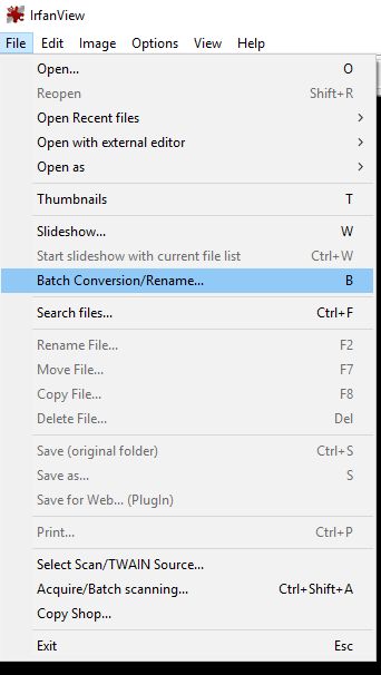 batch conversion menu in irfanview