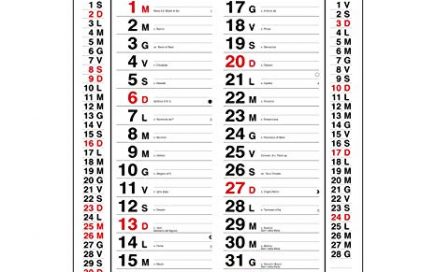 Sui comuni calendari i giorni feriali sono in nero, quelli festivi in rosso.
