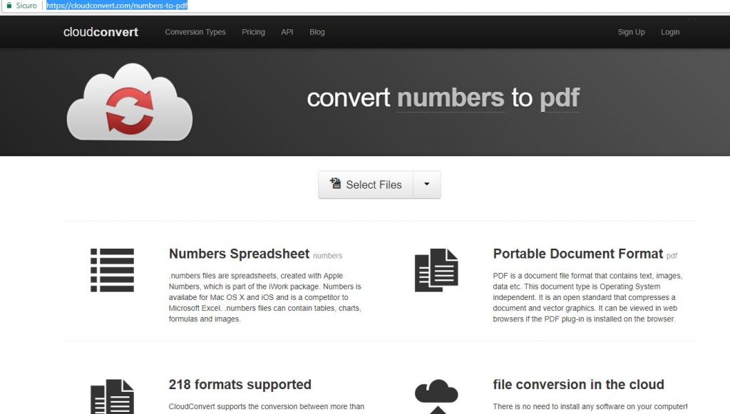 Pagina di conversione di CloudConvert per i file numbers
