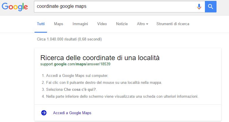 come ricavare le coordinate di un punto su google maps