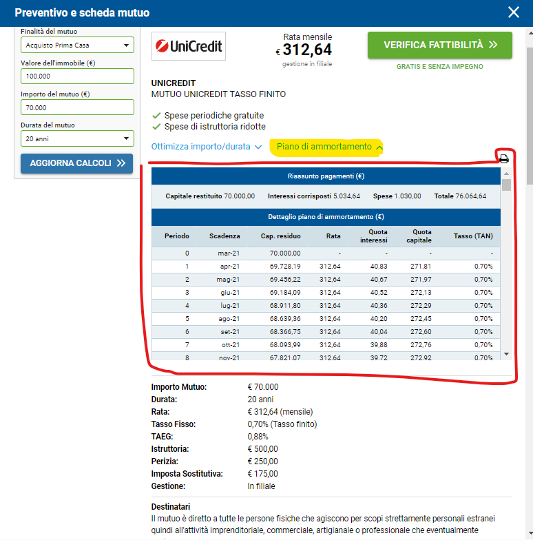 piano di ammortamento su mutuionline.it