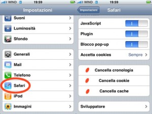 Il settaggio, sotto la voce menu Safari, per cancellare la cronologia di iPhone ed iPad