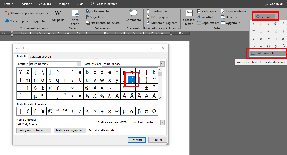 parentesi graffa sulla mappa simboli di Micosoft Word