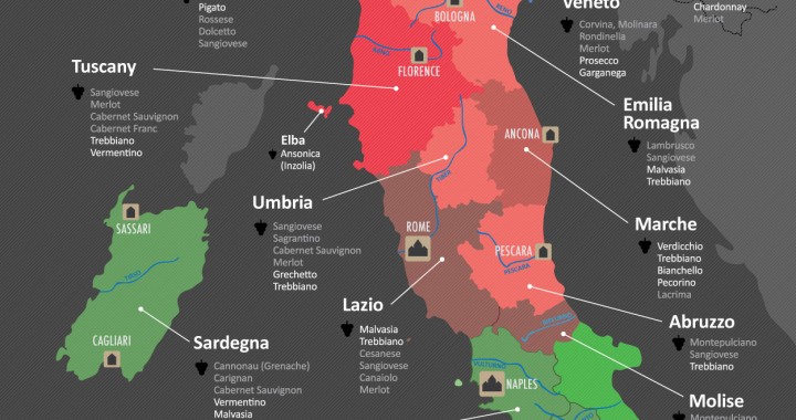 Mappa dei maggiori vini italiani divisi per regione