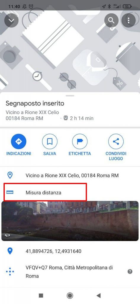 "misura distanza" su menu Google Maps Android