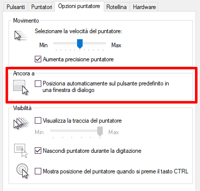 impostazione da attivare per il posizionamento automatico del puntatore su Windows