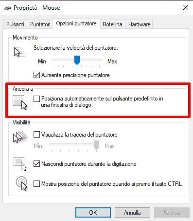 impostazione da attivare per il posizionamento automatico del puntatore su Windows