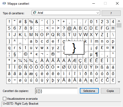 parentesi graffa su mappa caratteri di windows