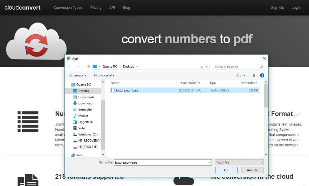 selezione del file numbers da convertire