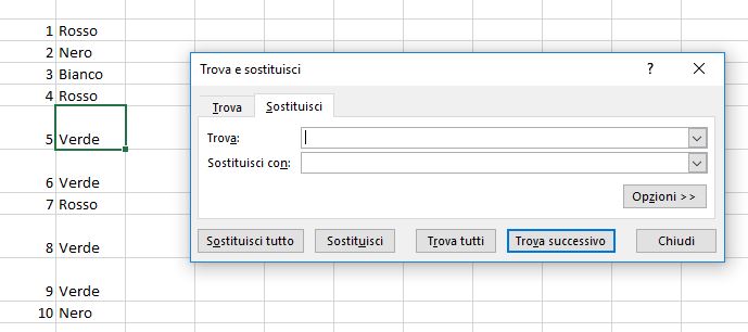 trova e sostituisci in excel