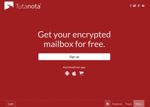La home page di Tutanota. Apprezzabile la grafica semplice e gradevole del servizio e della app correlate.